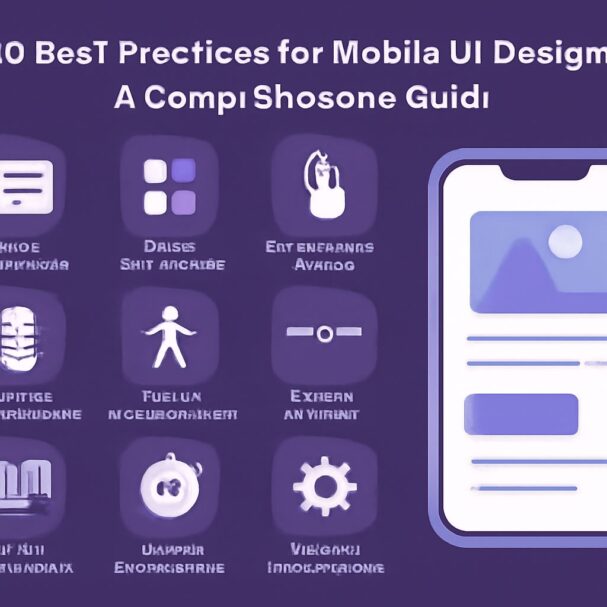 A purple background features icons representing mobile UI design best practices alongside a smartphone displaying a samp