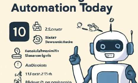 A friendly robot character points upward beside a list titled "Top 10 Benefits of Embracing Chatbot Automation Today.