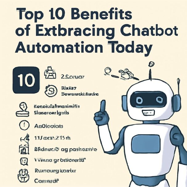 A friendly robot character points upward beside a list titled "Top 10 Benefits of Embracing Chatbot Automation Today.