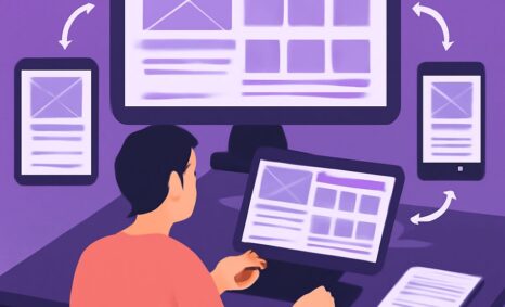 A person sits at a desk using a laptop, surrounded by a large monitor and mobile devices, all displaying web design layo