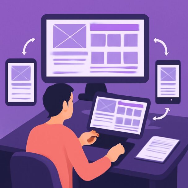 A person sits at a desk using a laptop, surrounded by a large monitor and mobile devices, all displaying web design layo