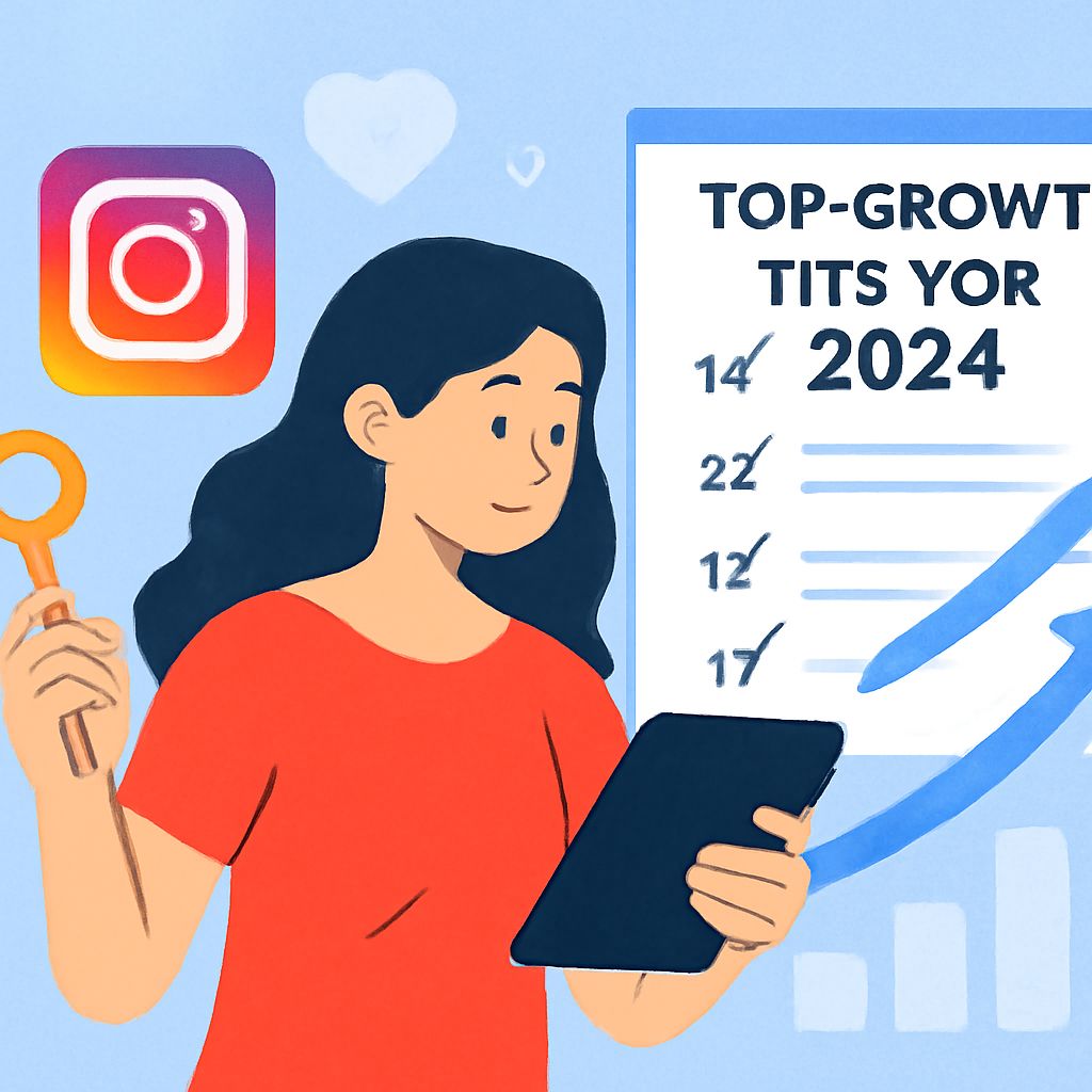 A woman in a red shirt holds a tablet and a magnifying glass, analyzing a growth chart for Instagram in 2024.