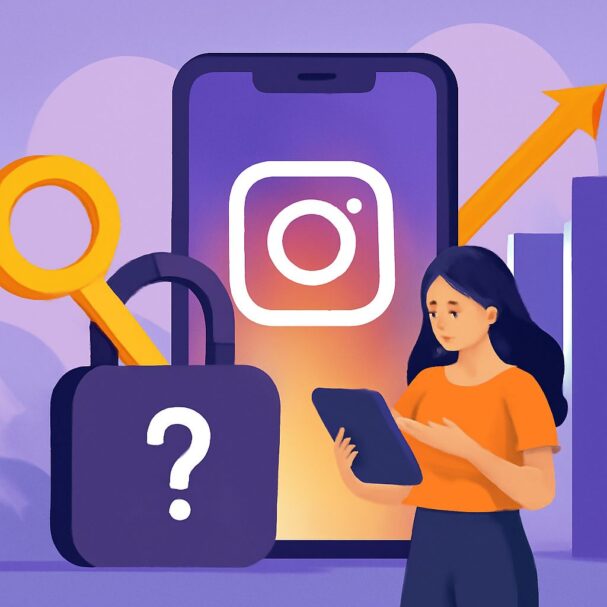 A woman in an orange shirt holds a tablet, contemplating security with an Instagram logo and a lock in the background.