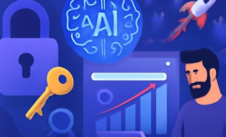 A man with a beard works on a laptop, surrounded by icons of AI, a lock, a key, and a rising graph on a blue background.