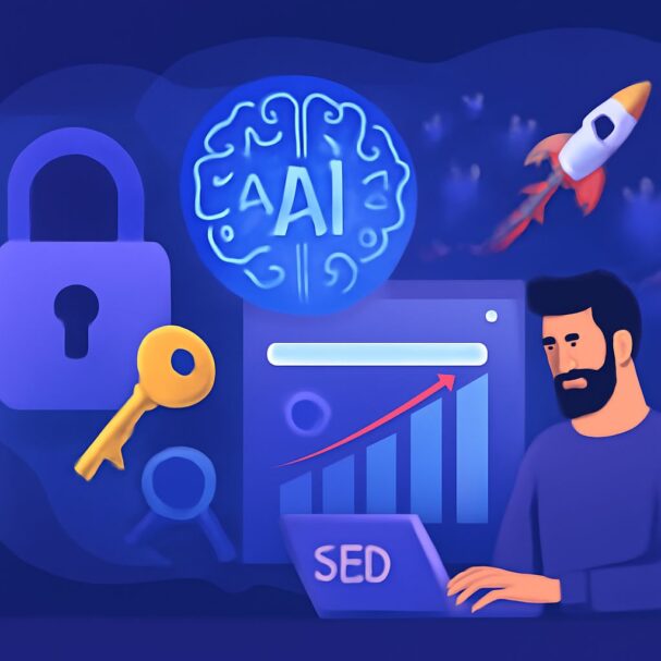 A man with a beard works on a laptop, surrounded by icons of AI, a lock, a key, and a rising graph on a blue background.
