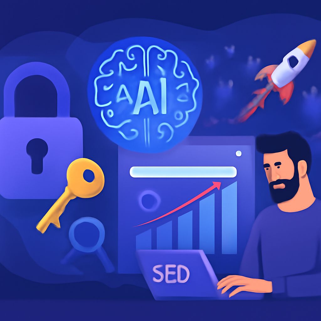 A man with a beard works on a laptop, surrounded by icons of AI, a lock, a key, and a rising graph on a blue background.