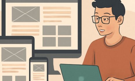 A young man with glasses works on a laptop, surrounded by a desktop monitor and tablet displaying web design layouts.