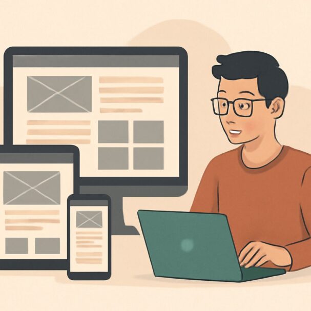 A young man with glasses works on a laptop, surrounded by a desktop monitor and tablet displaying web design layouts.