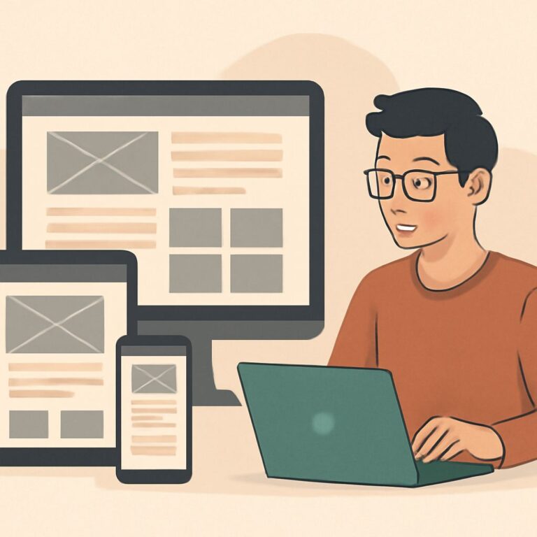 A young man with glasses works on a laptop, surrounded by a desktop monitor and tablet displaying web design layouts.