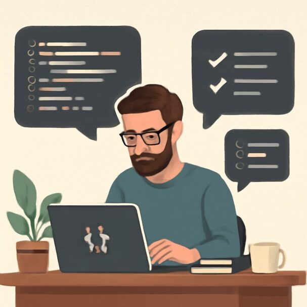 A man with glasses and a beard types on a laptop, surrounded by chat bubbles and a potted plant on a wooden desk.