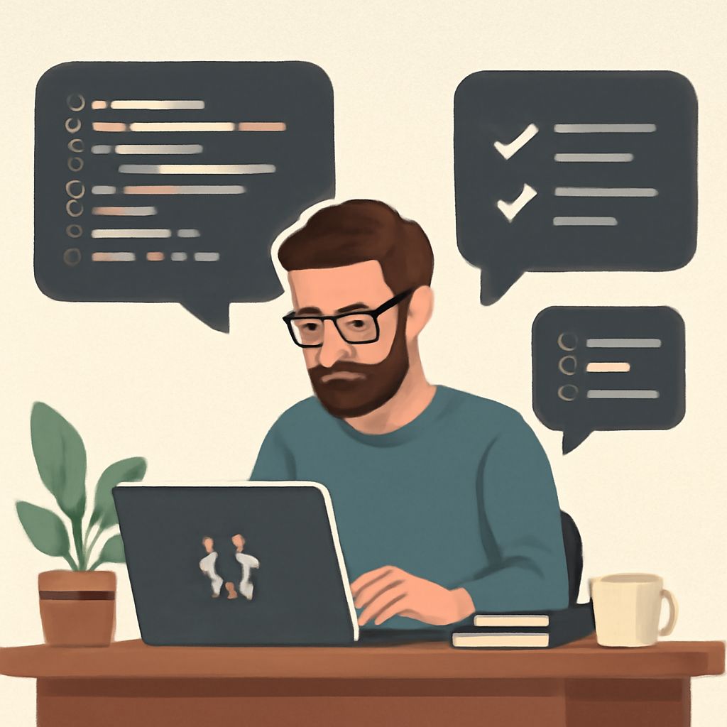 A man with glasses and a beard types on a laptop, surrounded by chat bubbles and a potted plant on a wooden desk.