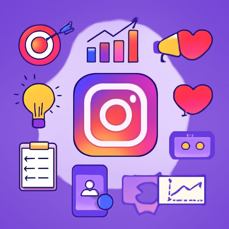 Colorful icons representing social media concepts, including the Instagram logo, graphs, hearts, and a light bulb, on a