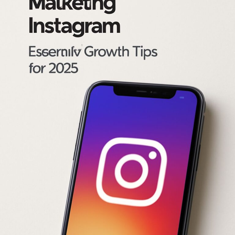 A smartphone displays the Instagram logo on a gradient background, with text about marketing tips for 2025 above it.