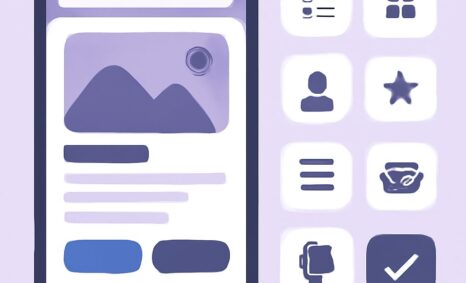 A smartphone displays a user interface with a mountain image, buttons, and icons on a soft purple background.