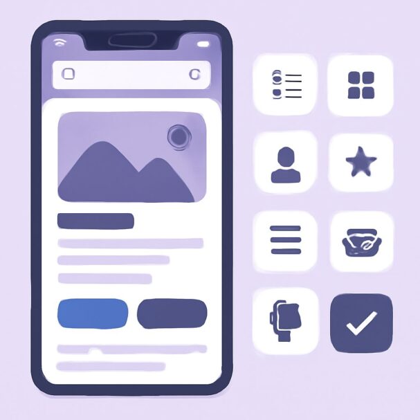 A smartphone displays a user interface with a mountain image, buttons, and icons on a soft purple background.