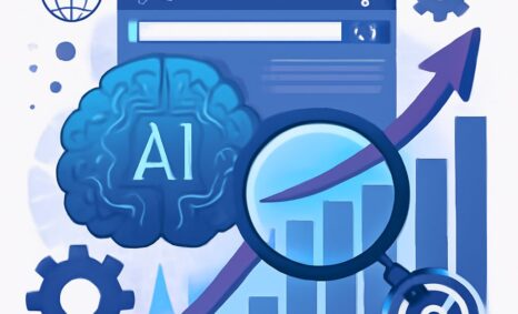 A blue-themed graphic featuring a brain labeled "AI," a magnifying glass, a rising graph, and gears, symbolizing technol