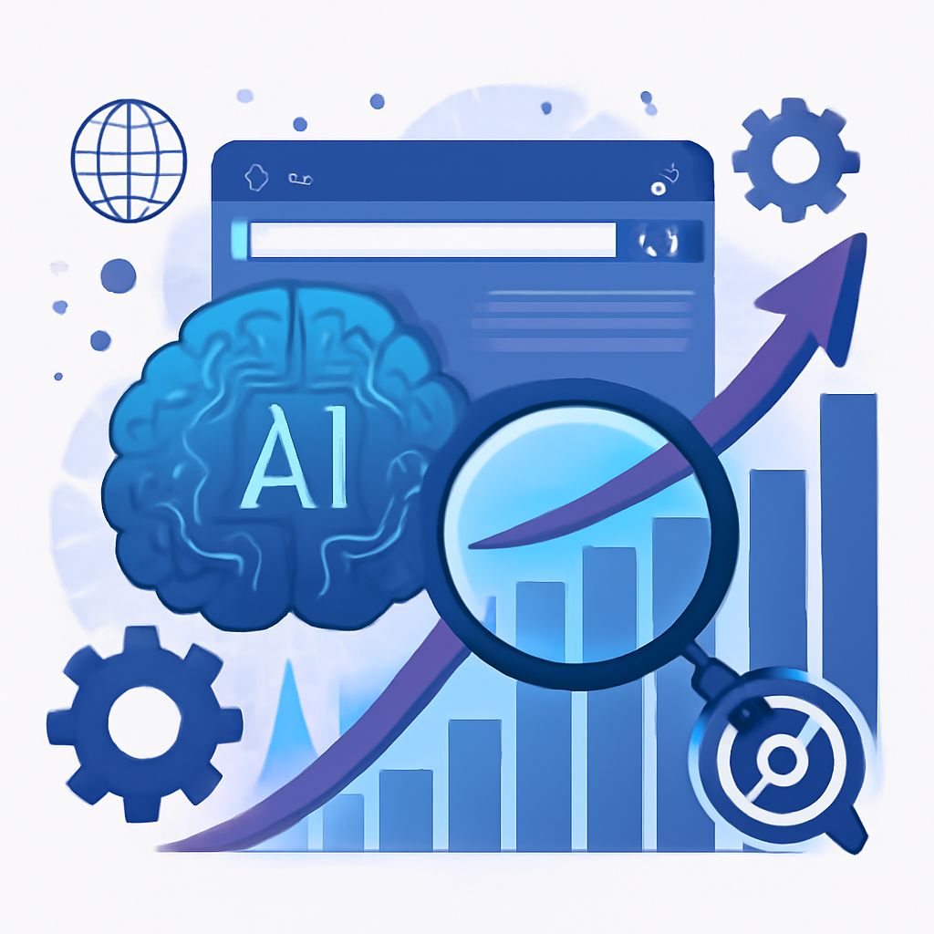 A blue-themed graphic featuring a brain labeled "AI," a magnifying glass, a rising graph, and gears, symbolizing technol