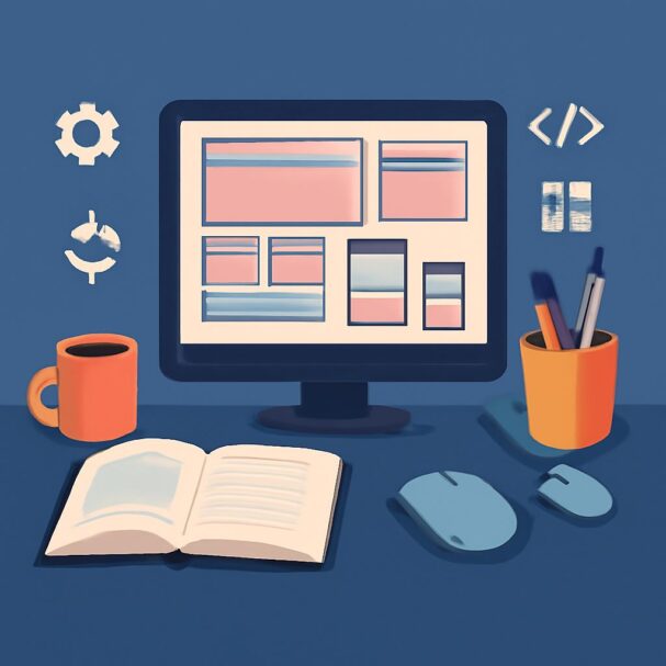 A workspace featuring a computer monitor displaying design layouts, a coffee mug, an open book, and office supplies.