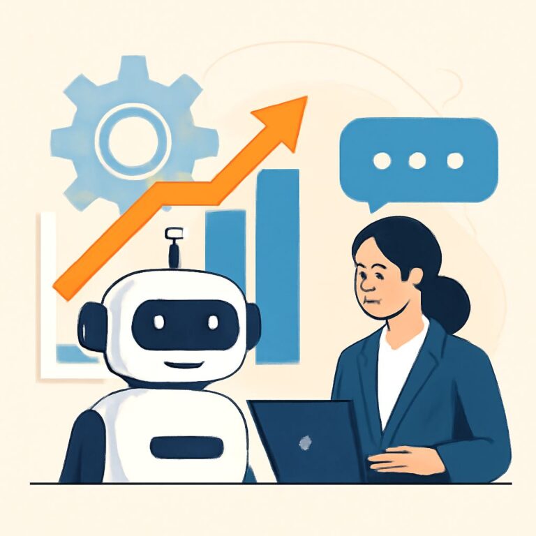 A smiling woman in a suit interacts with a friendly robot beside a laptop, with graphs and gears in the background.