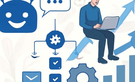 A person sits with a laptop, surrounded by icons representing technology, communication, and growth.