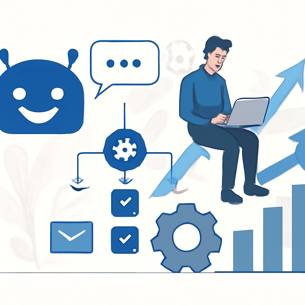 A person sits with a laptop, surrounded by icons representing technology, communication, and growth.