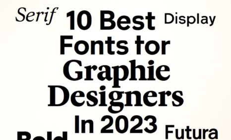 A typographic design features various font styles and sizes, highlighting "10 Best Fonts for Graphic Designers in 2023.