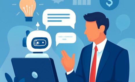 A businessman in a suit interacts with a chatbot on a laptop, surrounded by icons representing ideas and finance.