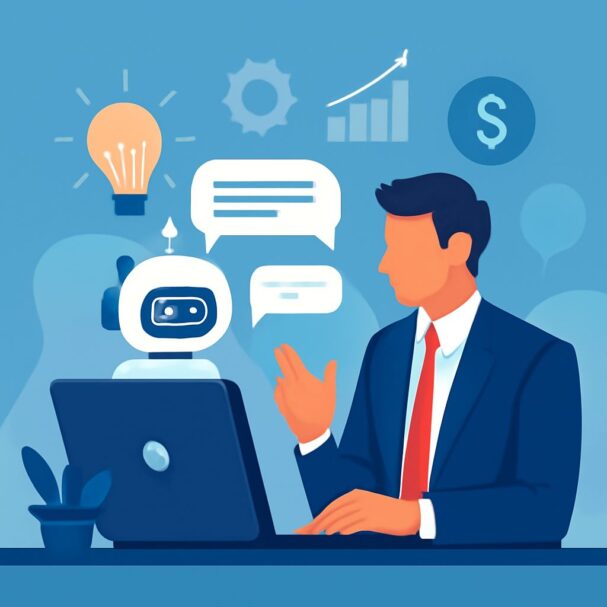 A businessman in a suit interacts with a chatbot on a laptop, surrounded by icons representing ideas and finance.
