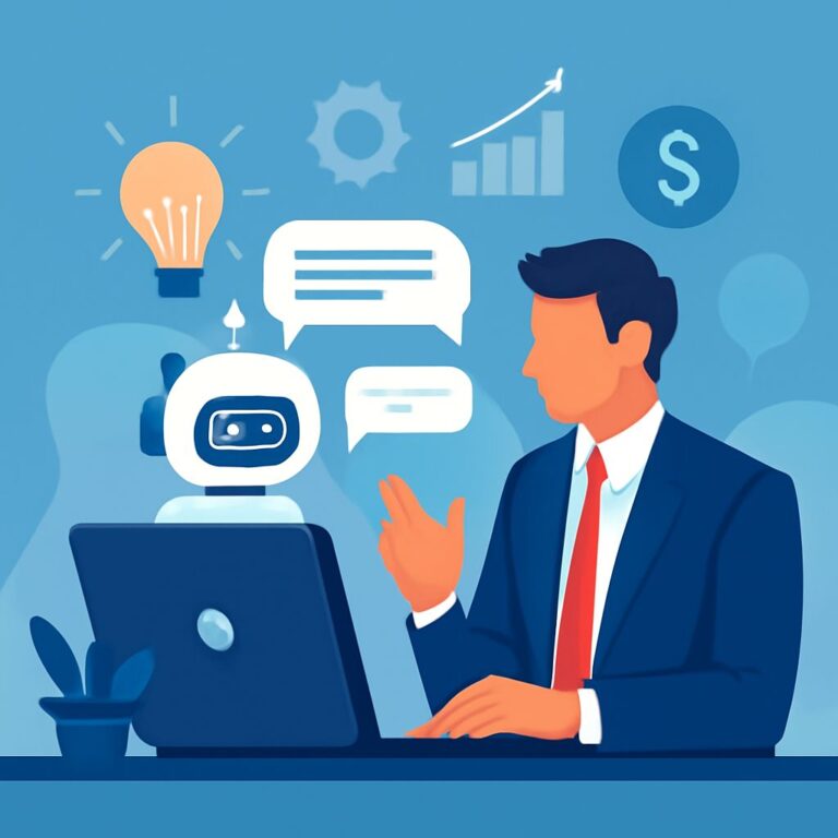 A businessman in a suit interacts with a chatbot on a laptop, surrounded by icons representing ideas and finance.