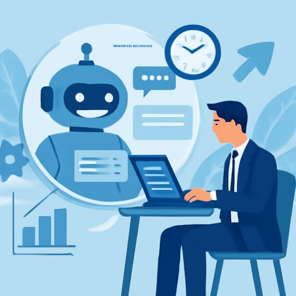 A man in a suit sits at a desk, engaging with a chatbot displayed on a screen, surrounded by graphs and a clock.