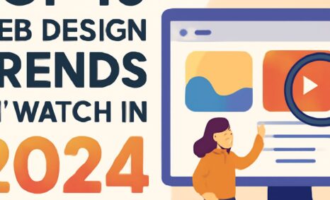 A woman in an orange sweater points at a computer screen displaying web design elements and the text "Top 10 Web Design