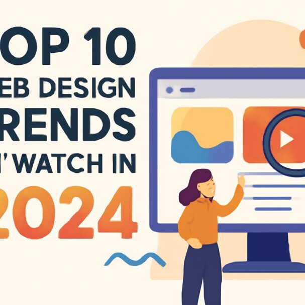 A woman in an orange sweater points at a computer screen displaying web design elements and the text "Top 10 Web Design
