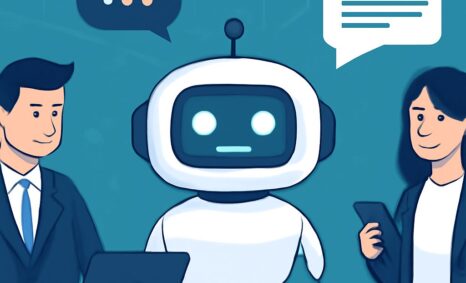 A businessman and a woman interact with a friendly robot, discussing ideas in a modern, tech-themed setting.