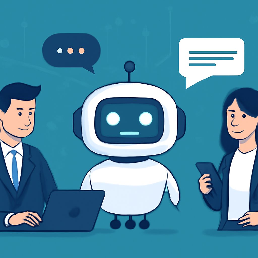 A businessman and a woman interact with a friendly robot, discussing ideas in a modern, tech-themed setting.