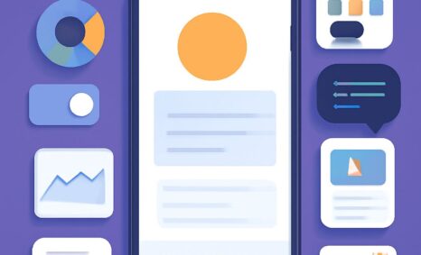 A smartphone displays a user interface with graphs and icons on a purple background, showcasing data visualization eleme