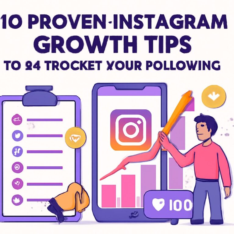Colorful graphic featuring a smartphone displaying Instagram, a clipboard with social media icons, and a person holding