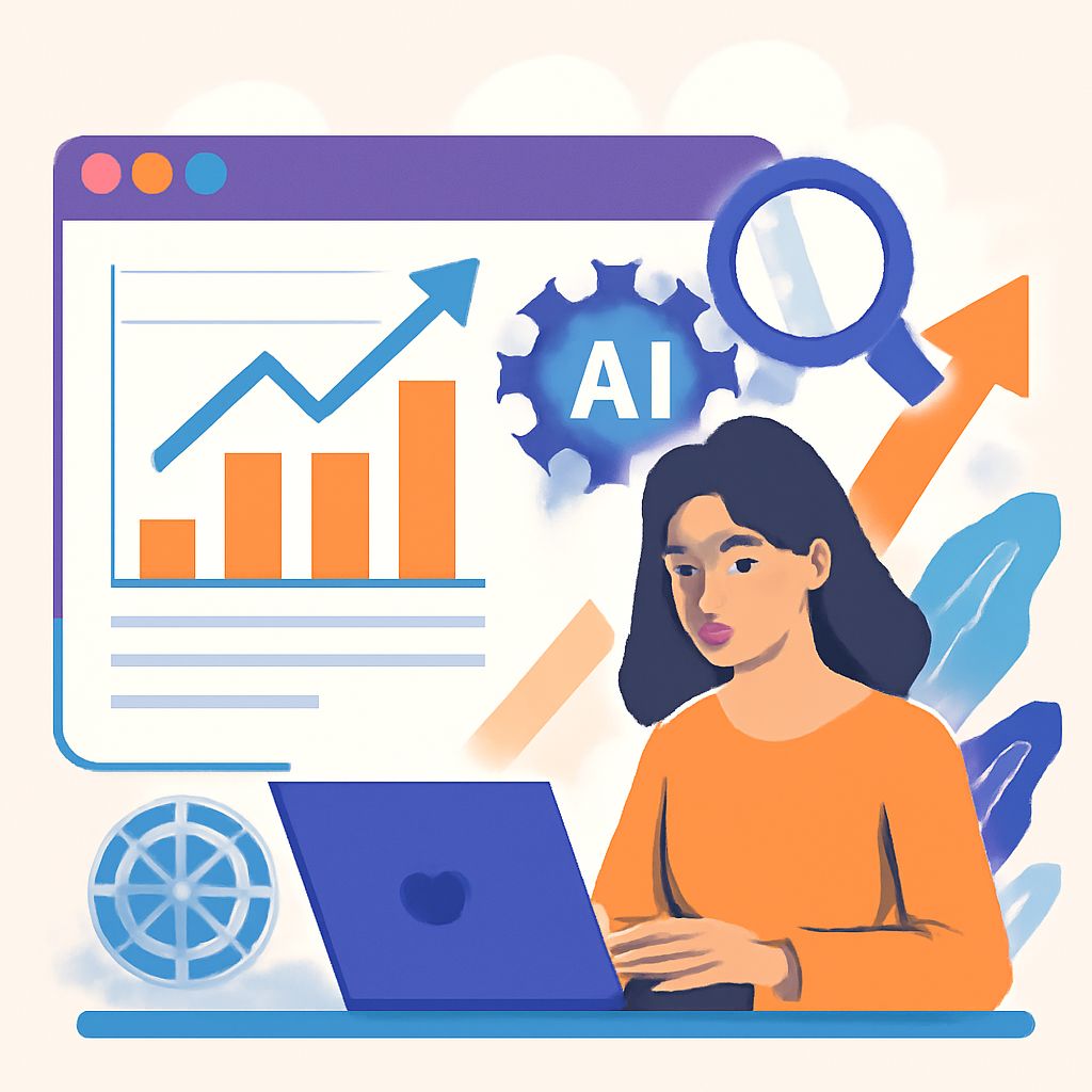 A woman in an orange shirt works on a laptop, surrounded by graphs, AI symbols, and a globe illustration.