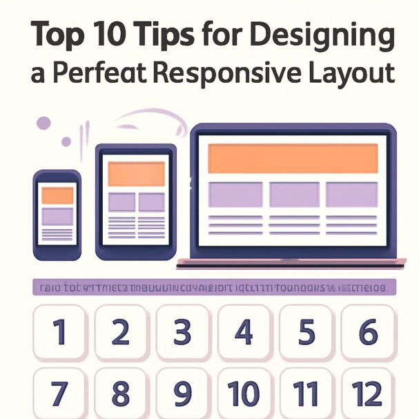 Three devices—smartphone, tablet, and laptop—display a layout design with a title about responsive design tips.