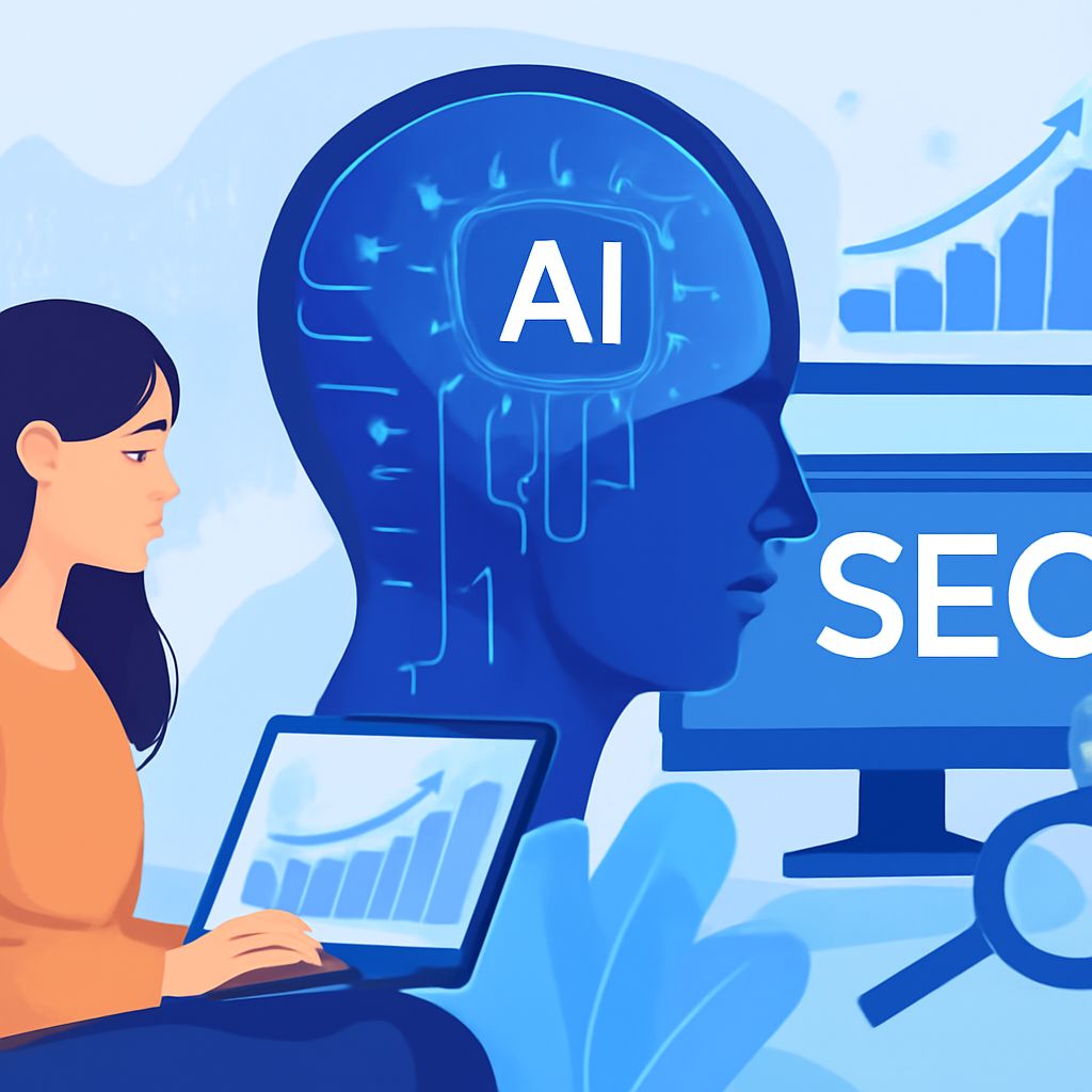 A woman in an orange sweater works on a laptop, with a blue silhouette of a head labeled "AI" and "SEO" on a screen.