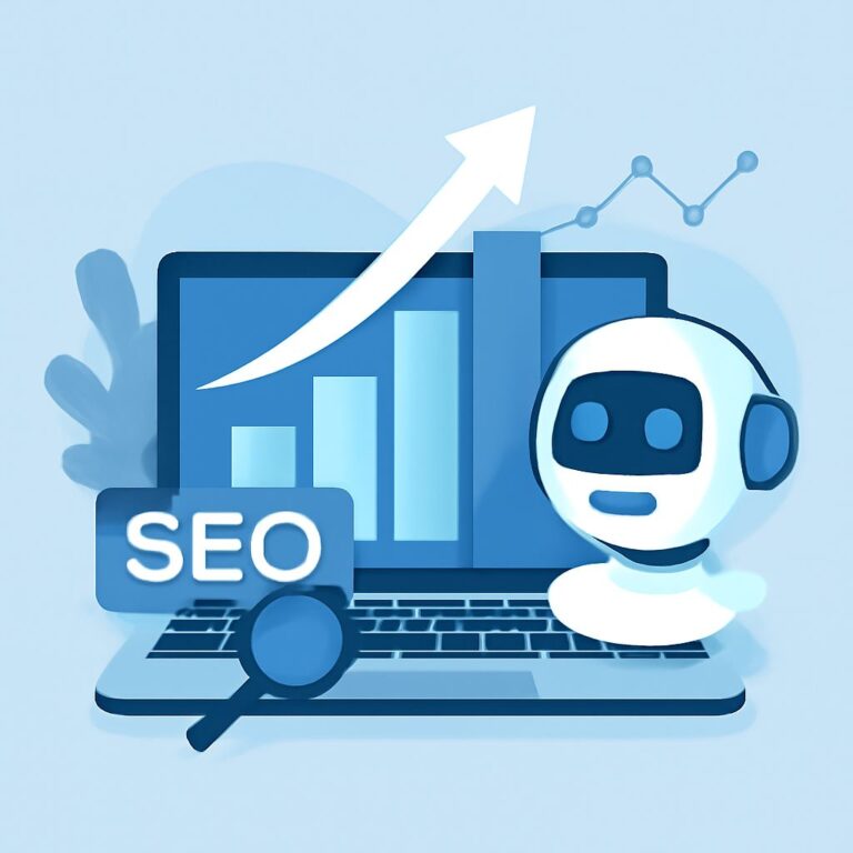 A blue-toned graphic featuring a laptop displaying a rising graph, a robot head, and SEO text with a magnifying glass.