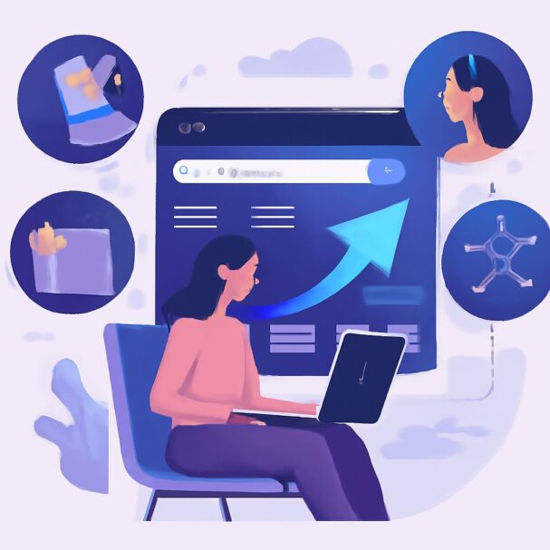 A woman in a pink sweater sits at a laptop, surrounded by icons representing technology and science concepts.