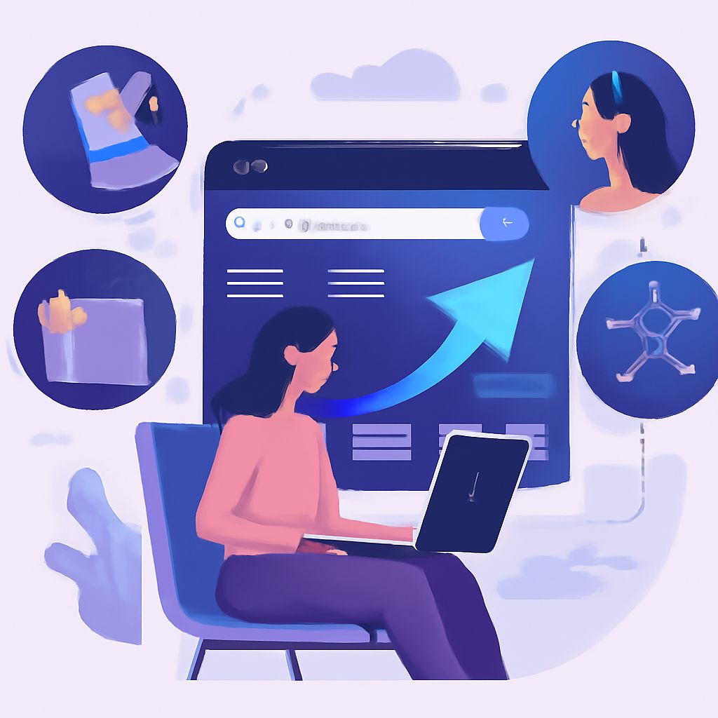 A woman in a pink sweater sits at a laptop, surrounded by icons representing technology and science concepts.
