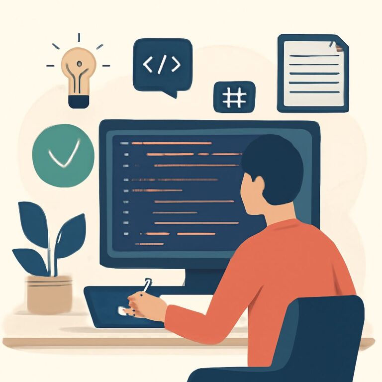 A person in a red shirt sits at a desk, coding on a computer with various icons and a plant nearby.