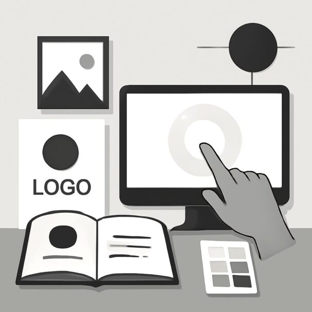A hand reaches toward a computer screen displaying a circular graphic, surrounded by design elements like a book and log