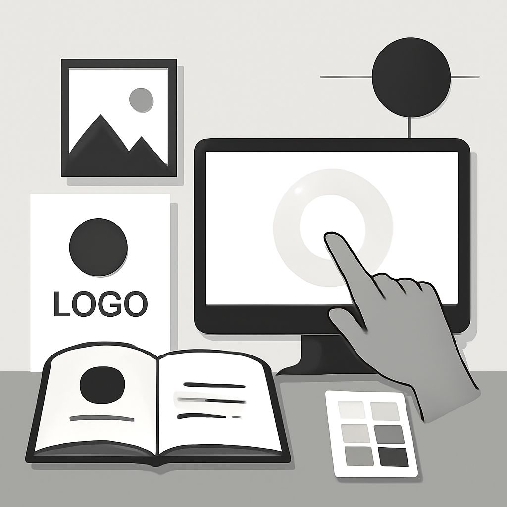 A hand reaches toward a computer screen displaying a circular graphic, surrounded by design elements like a book and log