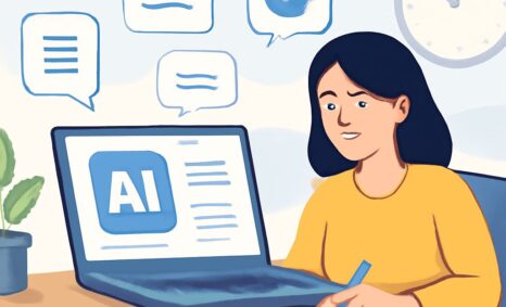 A woman in a yellow sweater sits at a desk, writing in a notebook while looking at a laptop displaying an AI logo.