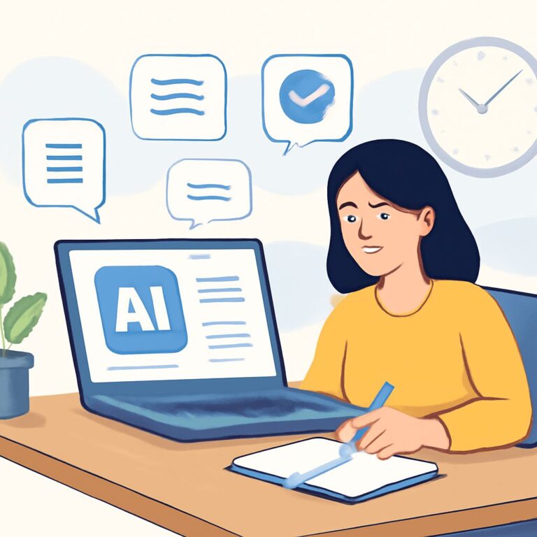 A woman in a yellow sweater sits at a desk, writing in a notebook while looking at a laptop displaying an AI logo.