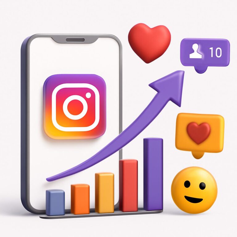 A smartphone displays the Instagram logo alongside colorful bar graphs, emojis, and an upward trend arrow.