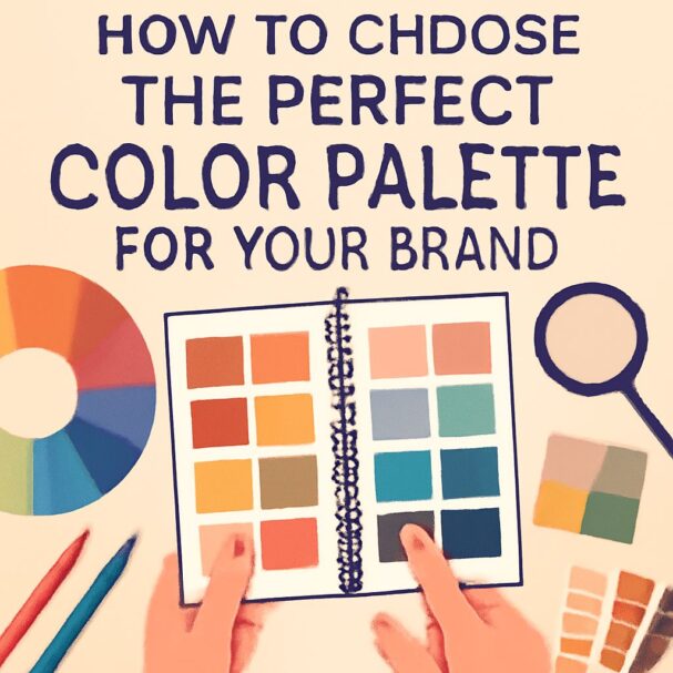 Hands are holding an open color palette guide with various color swatches, surrounded by colored pencils and a color whe