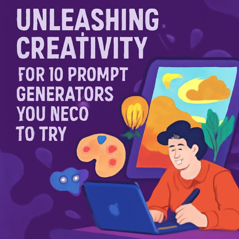 A person in an orange shirt smiles while working on a laptop, surrounded by colorful art supplies and a vibrant backgrou